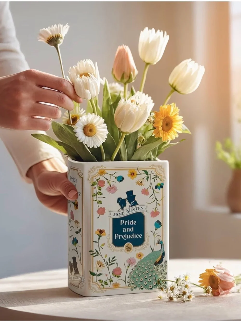 H&H Pride and Prejudice Book Vase for Flowers + Bookmark - Large Ceramic Book Pl